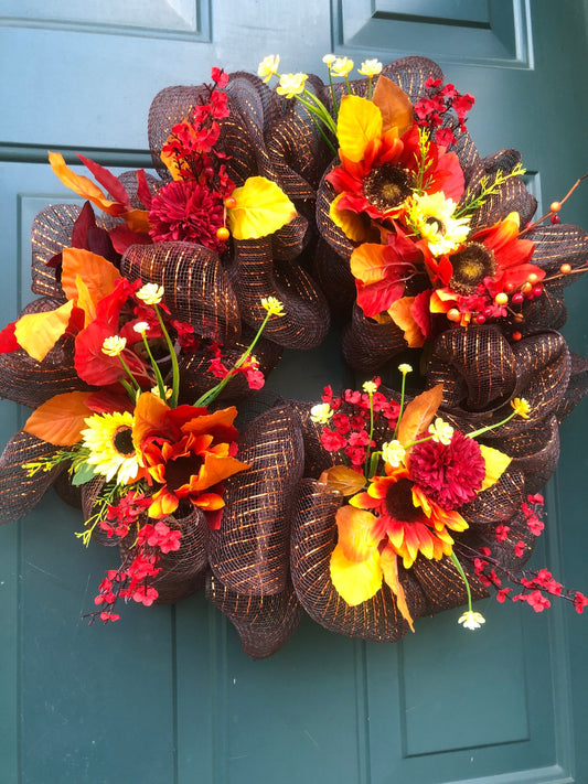 Chocolate Fall Harvest Wreath, Red Accents, leaves, sunflowers