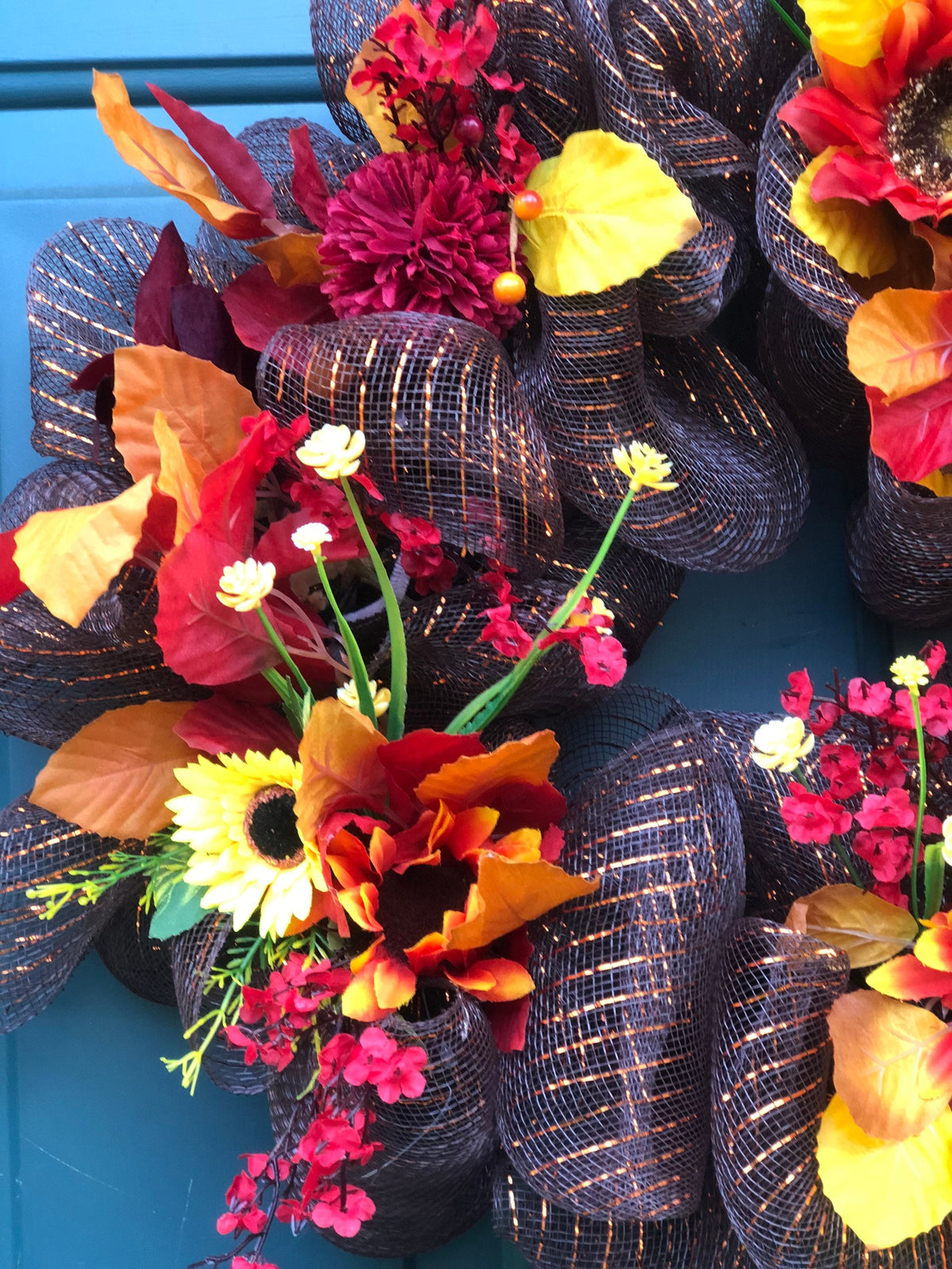 Chocolate Fall Harvest Wreath, Red Accents, leaves, sunflowers