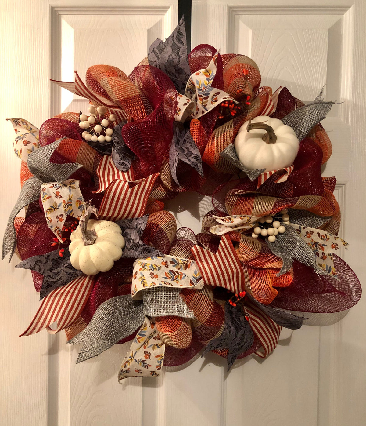 Burnt Orange, Burgundy and Gray, white Pumpkins Wreath