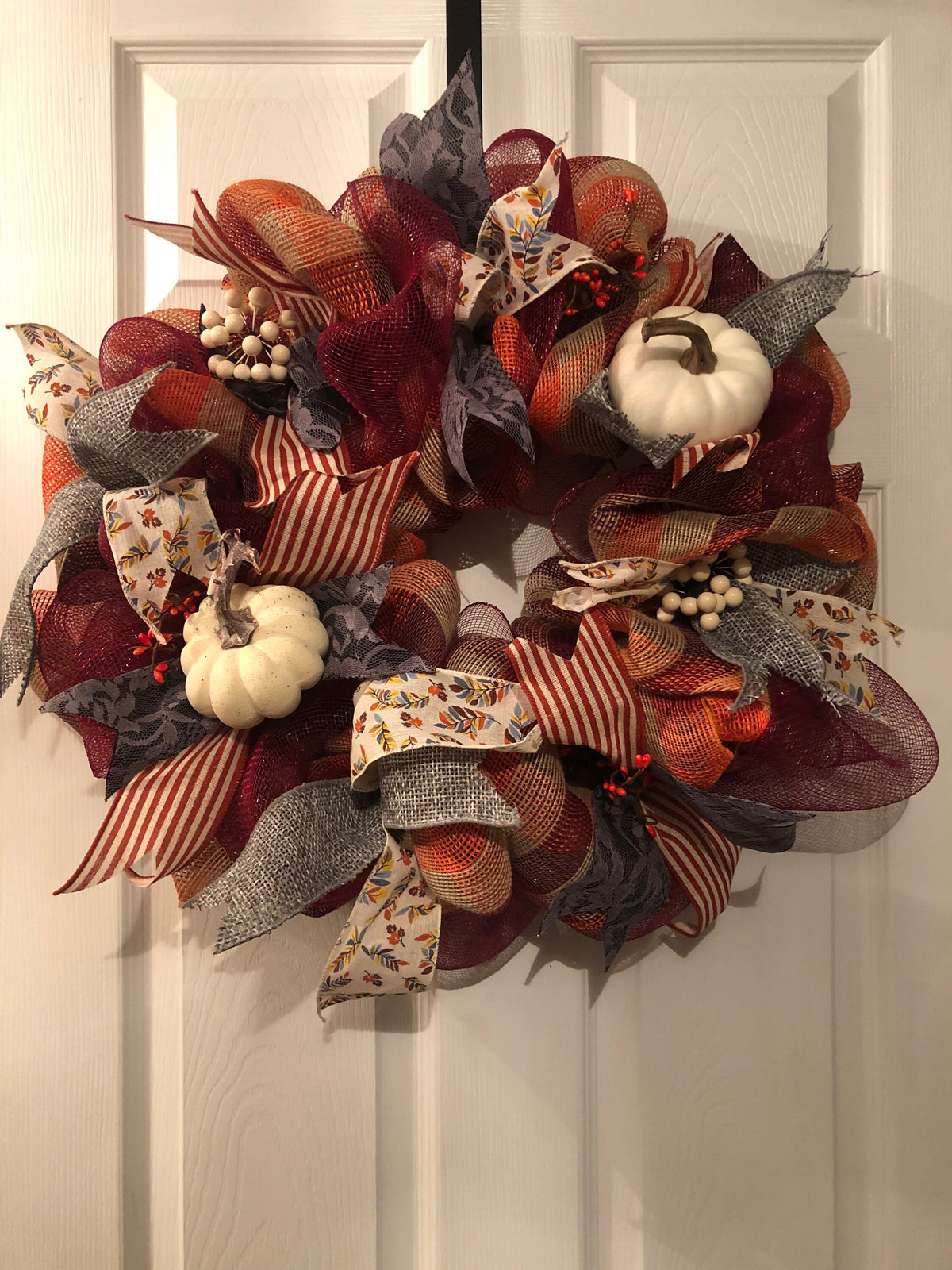 Burnt Orange, Burgundy and Gray, white Pumpkins Wreath