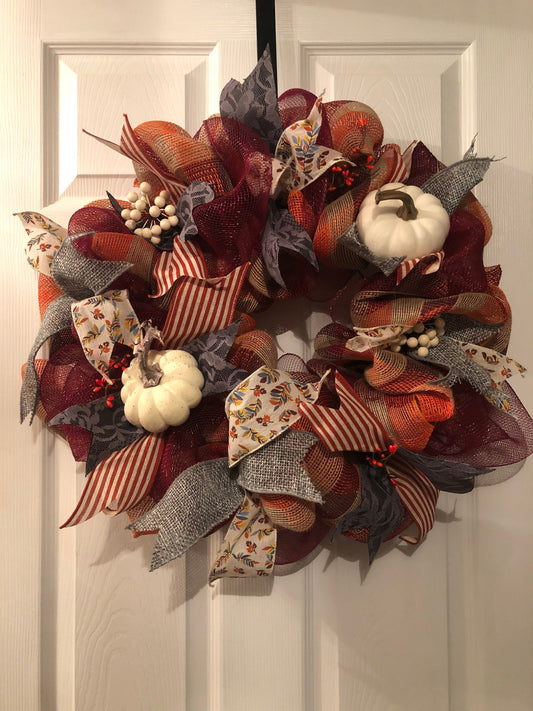 Burnt Orange, Burgundy and Gray, white Pumpkins Wreath
