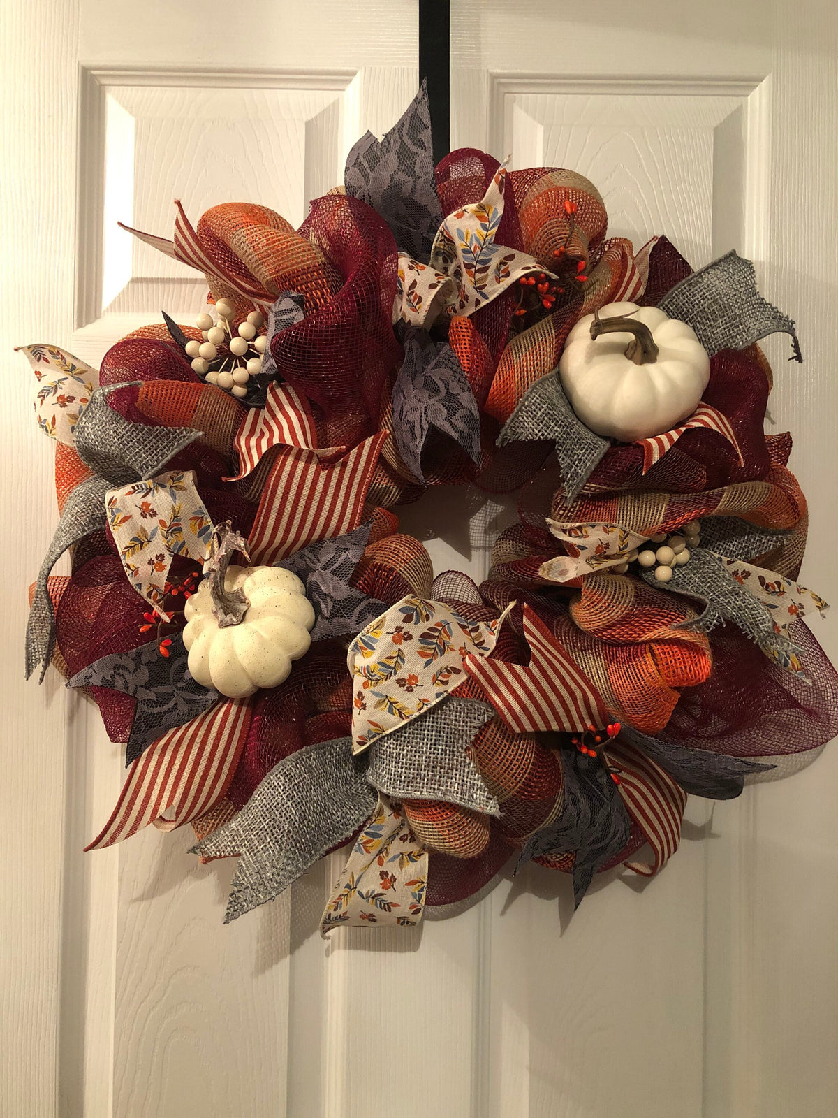 Burnt Orange, Burgundy and Gray, white Pumpkins Wreath