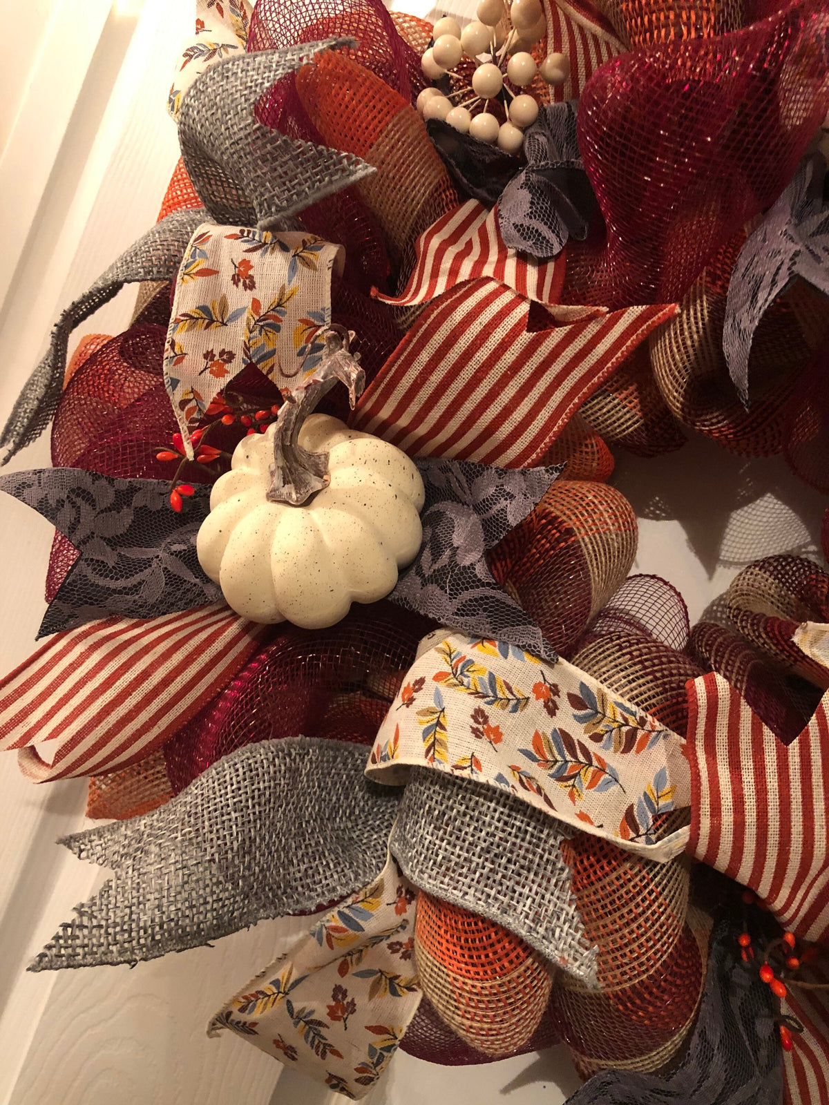 Burnt Orange, Burgundy and Gray, white Pumpkins Wreath