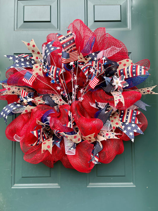 Red 4th of July, Memorial Day Summer Wreath
