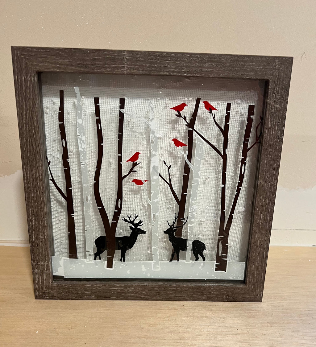 Winter Theme Light Box, Birch Trees, Cardinals,Deer, Night Lights