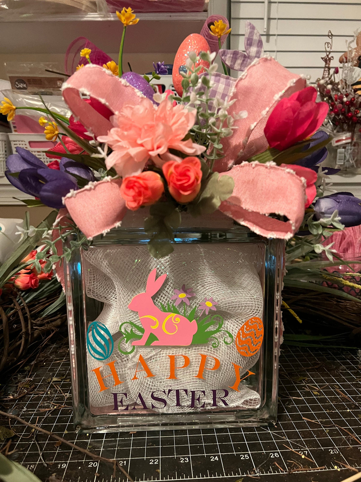 Easter Lighted Glass Box: Bunny & Eggs Decor