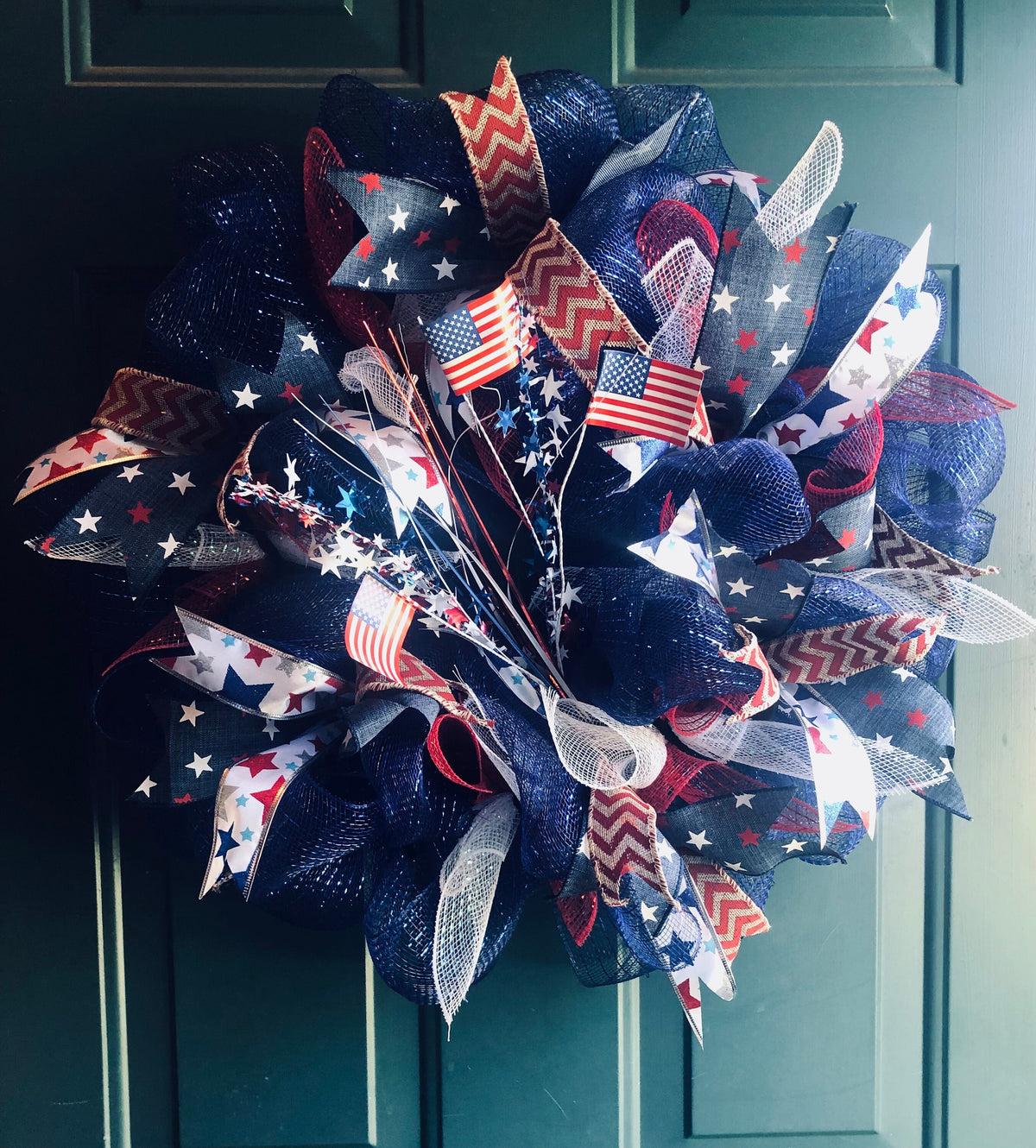 4th of July Wreath. Blue Deco Mesh, Stars & Stripes Front Door Decor