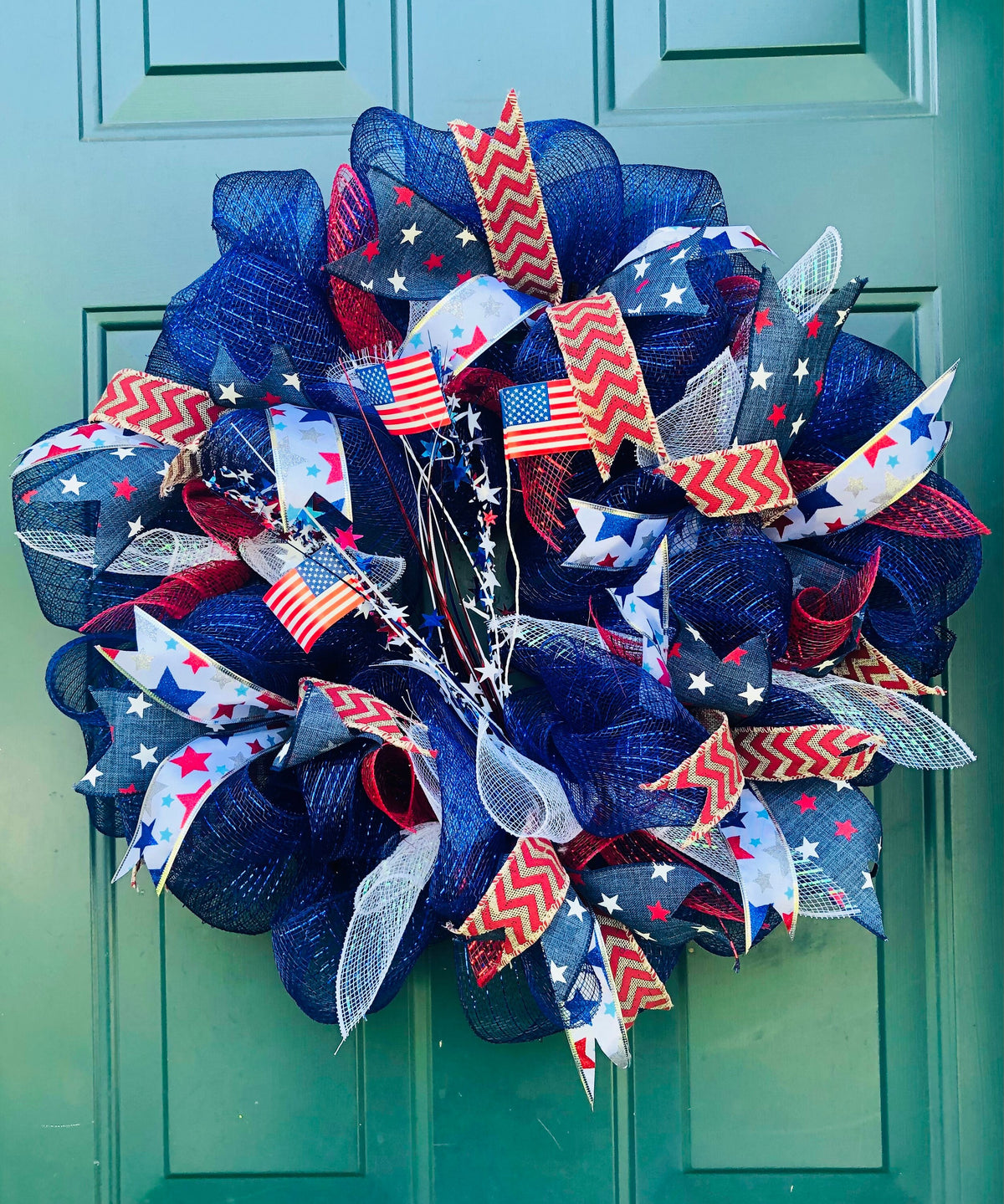 4th of July Wreath. Blue Deco Mesh, Stars & Stripes Front Door Decor