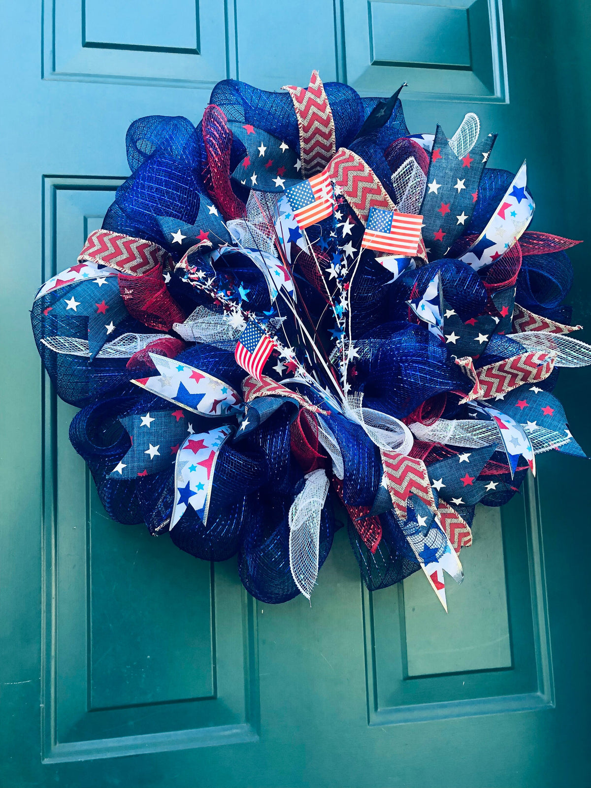 4th of July Wreath. Blue Deco Mesh, Stars & Stripes Front Door Decor