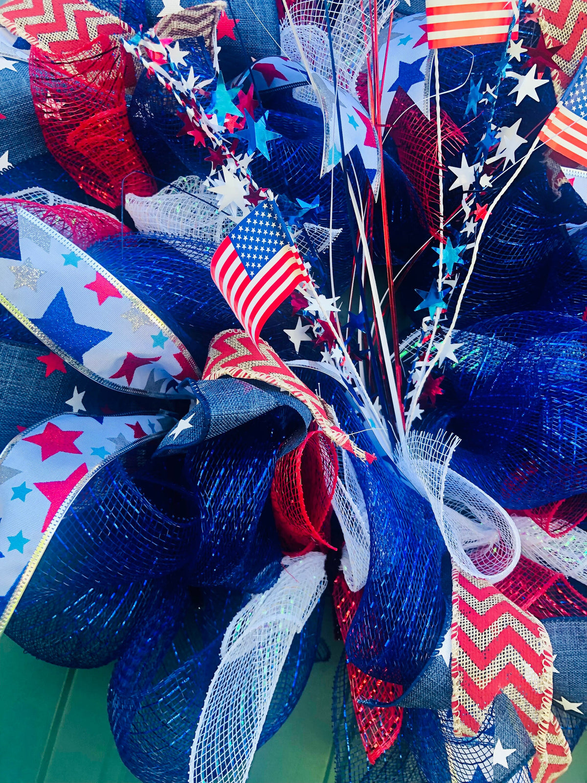 4th of July Wreath. Blue Deco Mesh, Stars & Stripes Front Door Decor