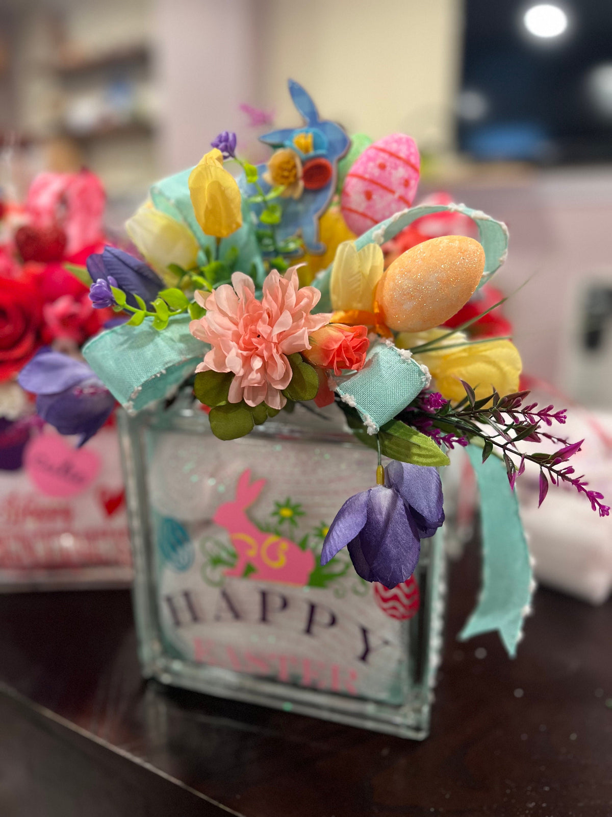 Easter Lighted Glass Box: Bunny & Eggs Decor