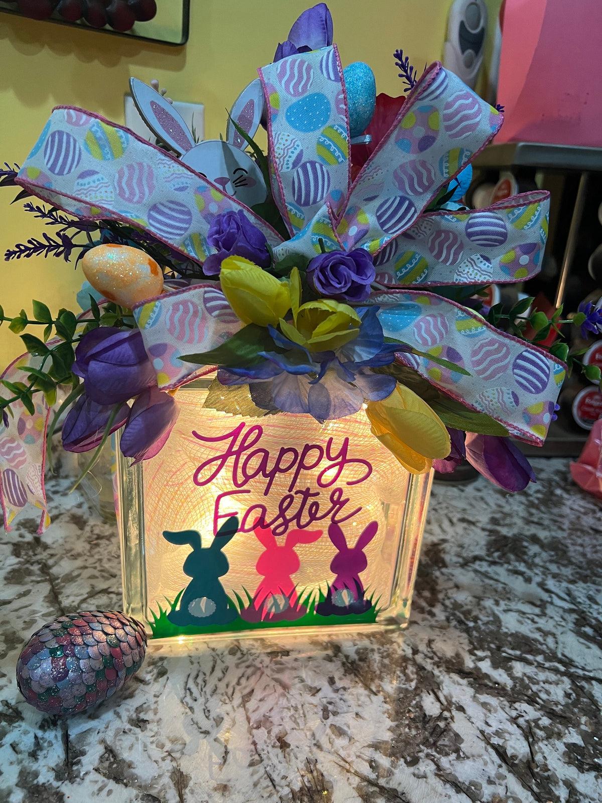Easter Lighted Glass Box: Bunny & Eggs Decor