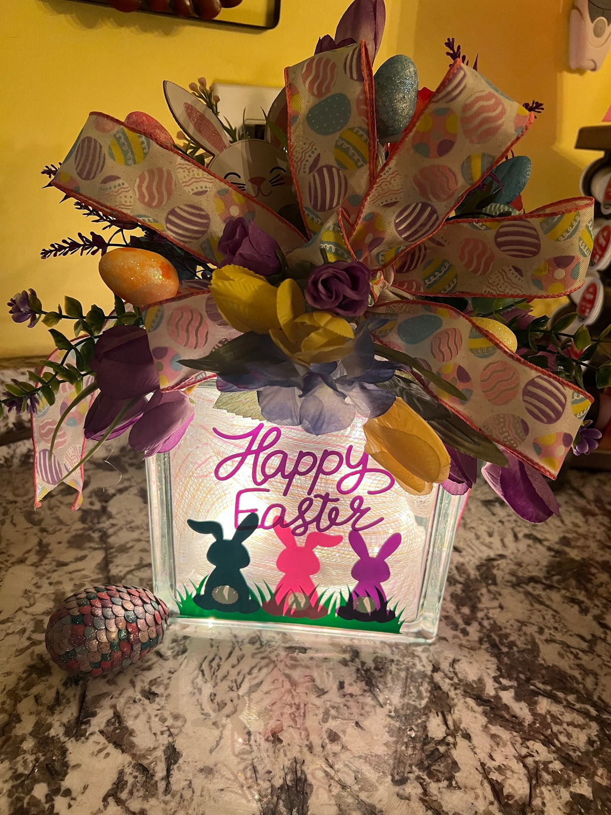 Easter Lighted Glass Box: Bunny & Eggs Decor