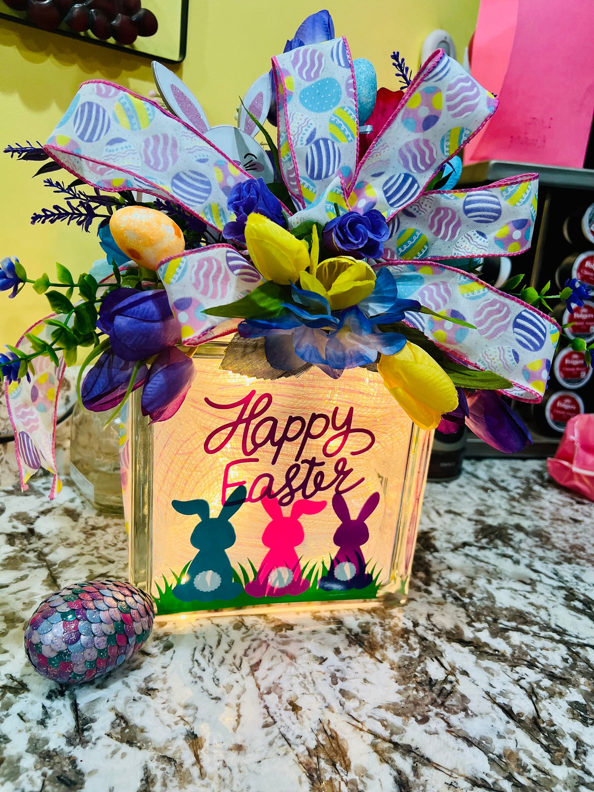 Easter Lighted Glass Box: Bunny & Eggs Decor