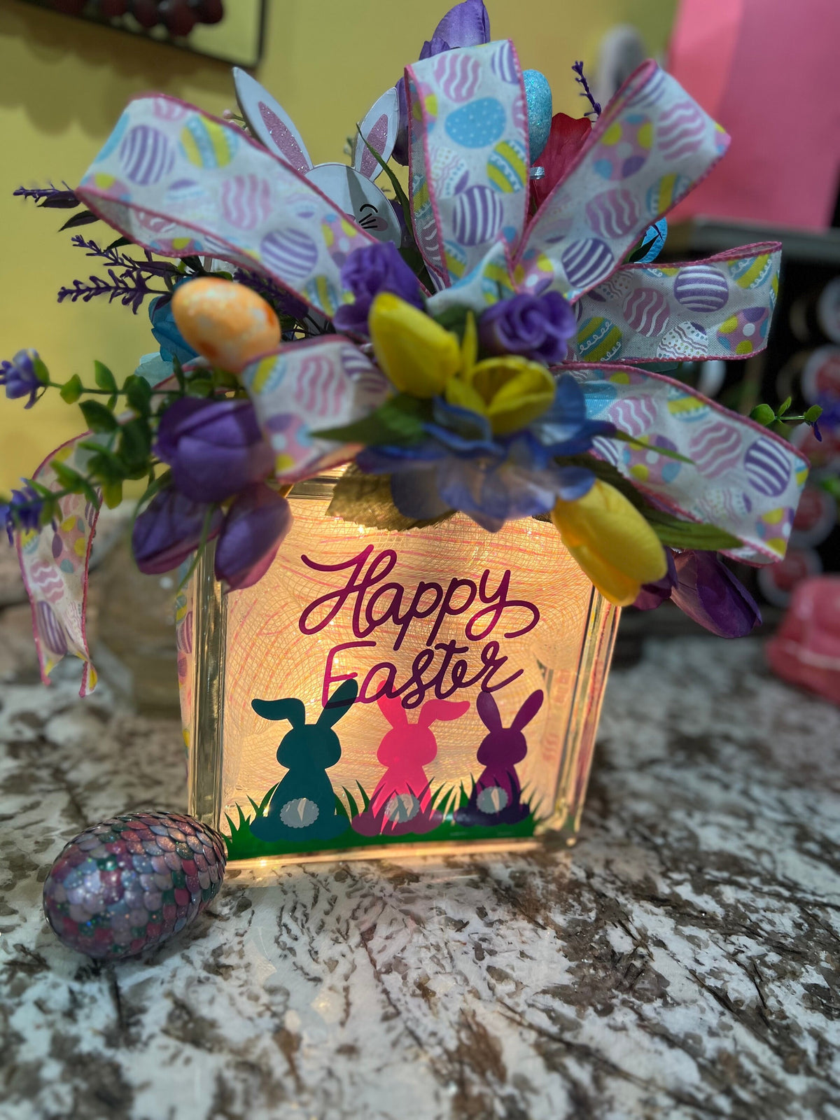 Easter Lighted Glass Box: Bunny & Eggs Decor