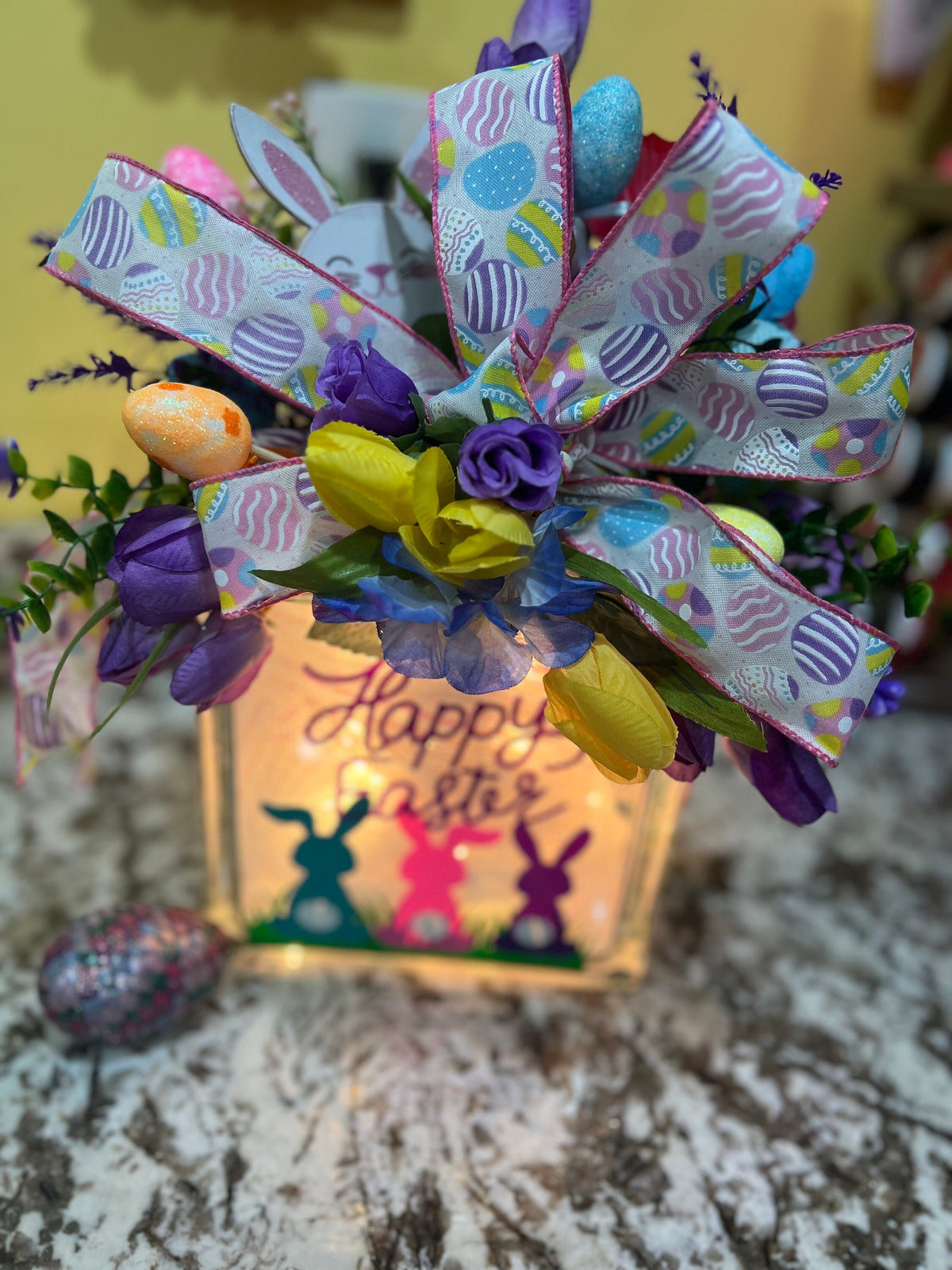 Easter Lighted Glass Box: Bunny & Eggs Decor