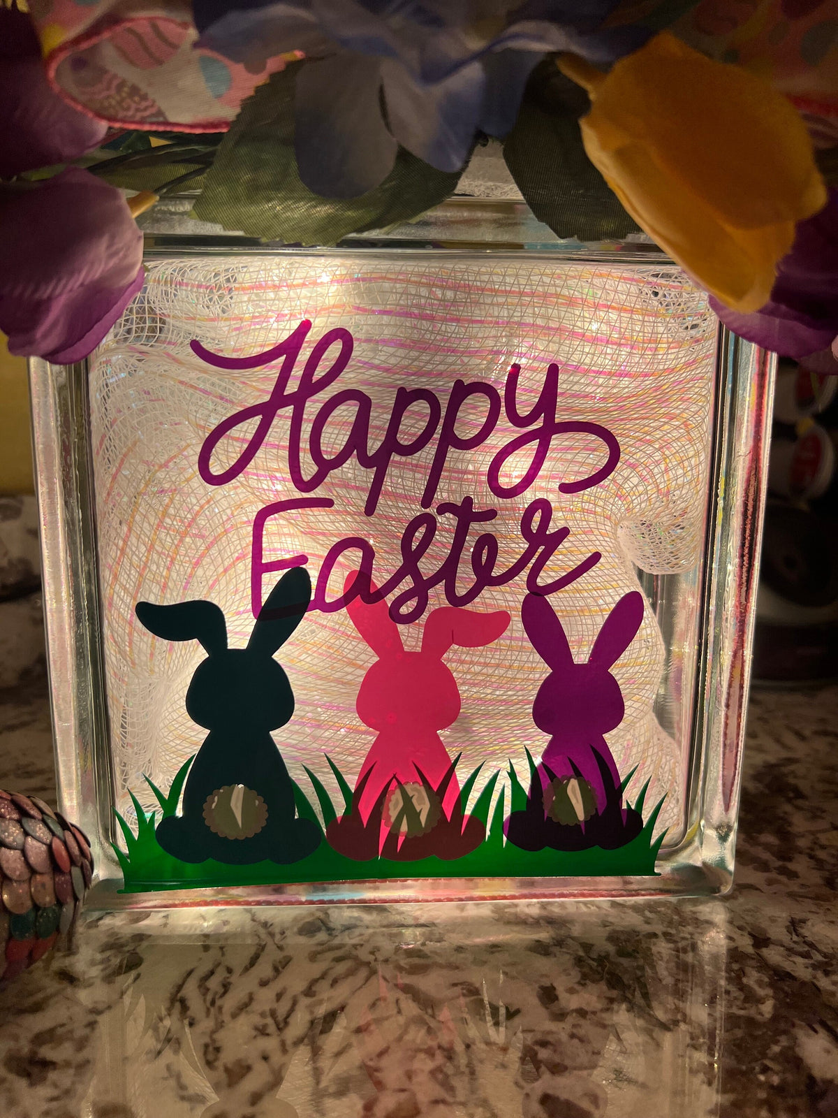 Easter Lighted Glass Box: Bunny & Eggs Decor