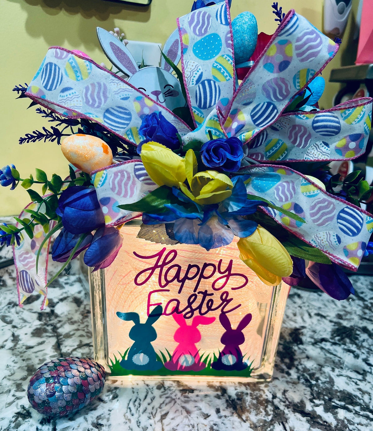 Easter Lighted Glass Box: Bunny & Eggs Decor