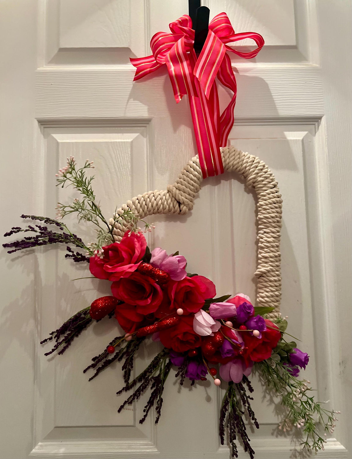 Rope Heart Wreath, Pink Roses and Hearts, Country Chic Door Decor!