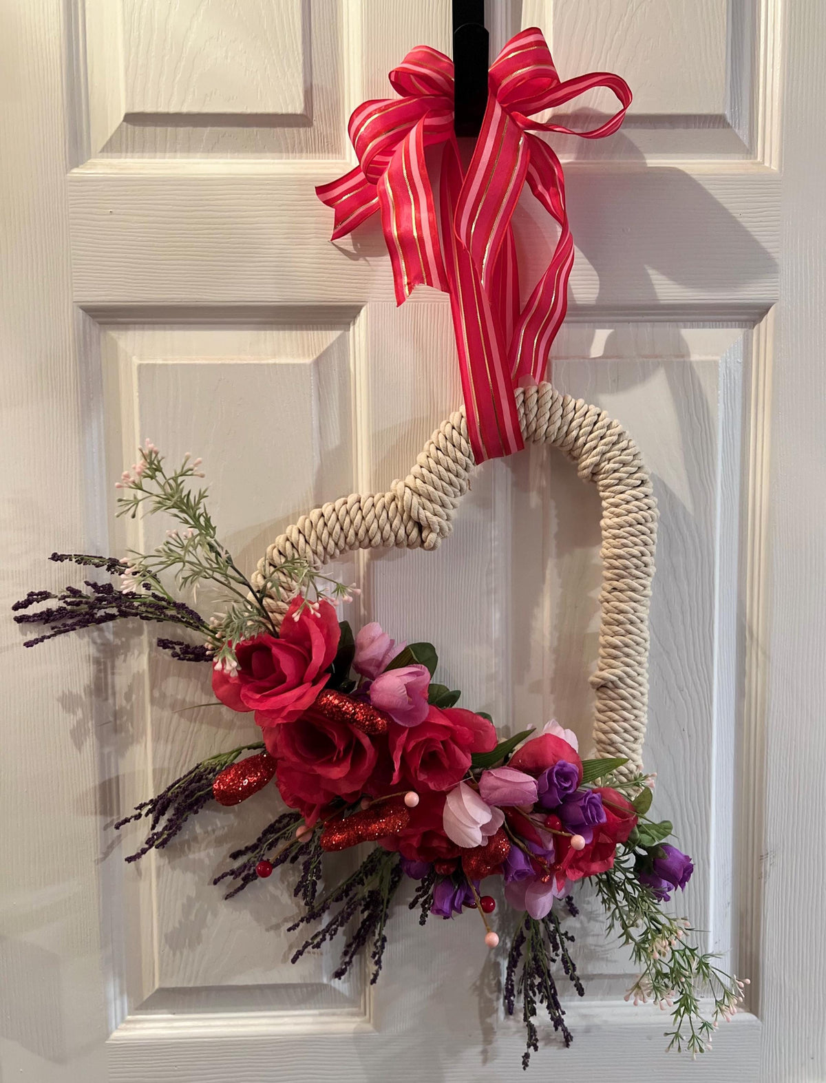 Rope Heart Wreath, Pink Roses and Hearts, Country Chic Door Decor!
