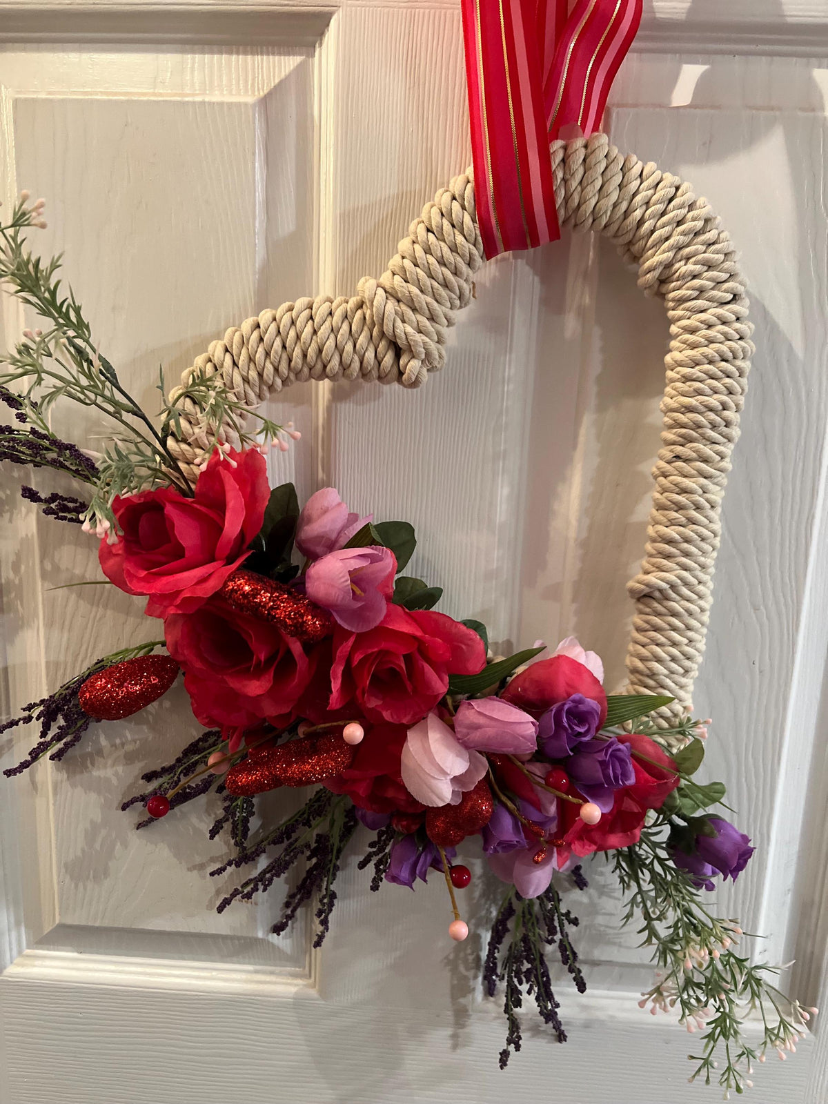 Rope Heart Wreath, Pink Roses and Hearts, Country Chic Door Decor!