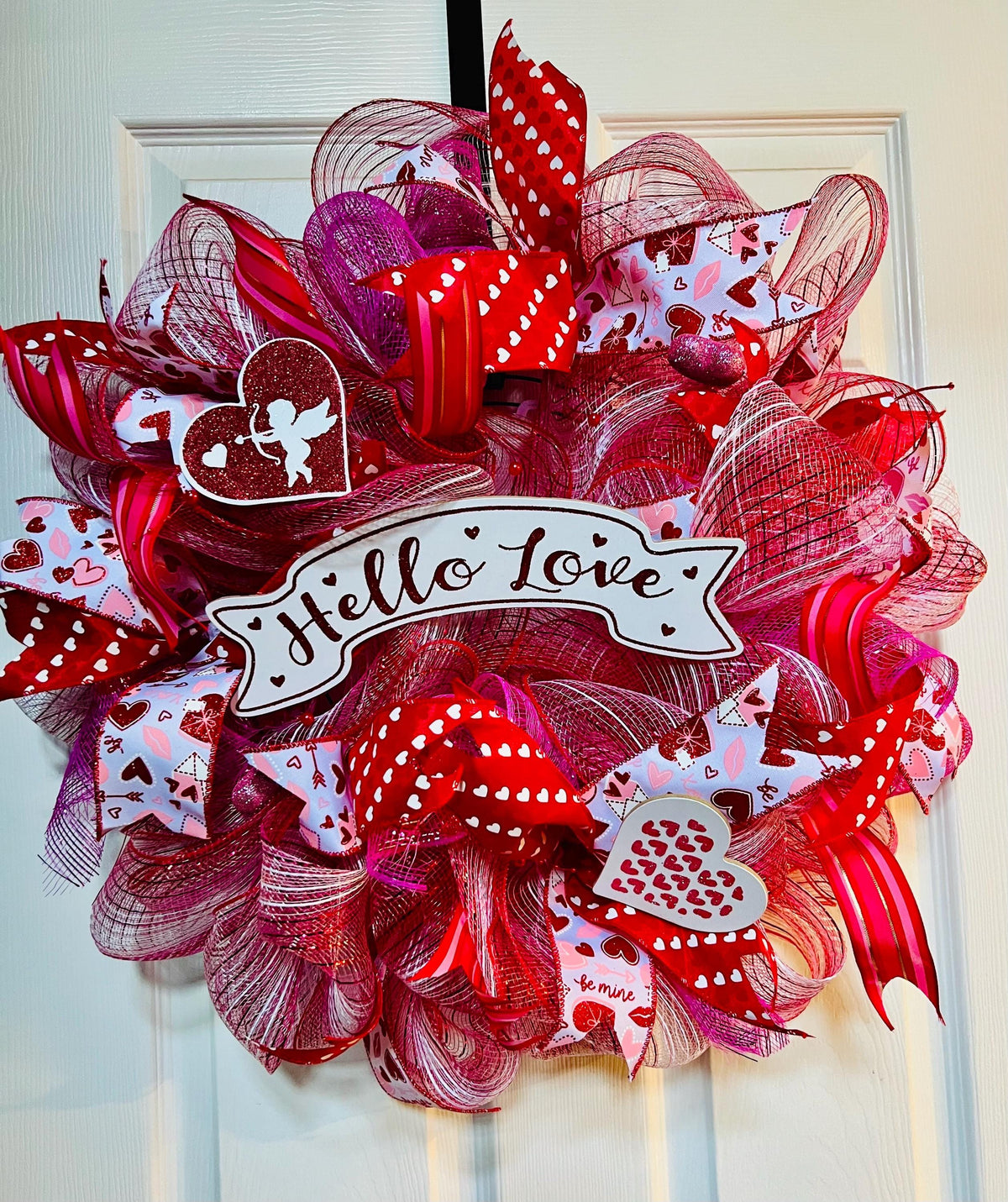 Pink Valentine’s Day Wreath for Front Door – Heart Wreath with Ribbons, Romantic Porch Decor