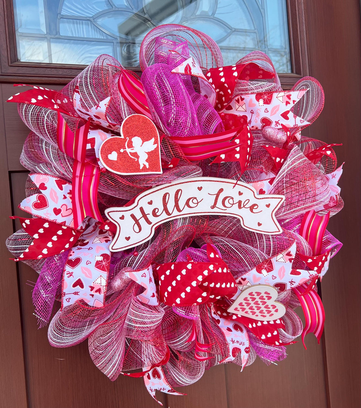 Pink Valentine’s Day Wreath for Front Door – Heart Wreath with Ribbons, Romantic Porch Decor