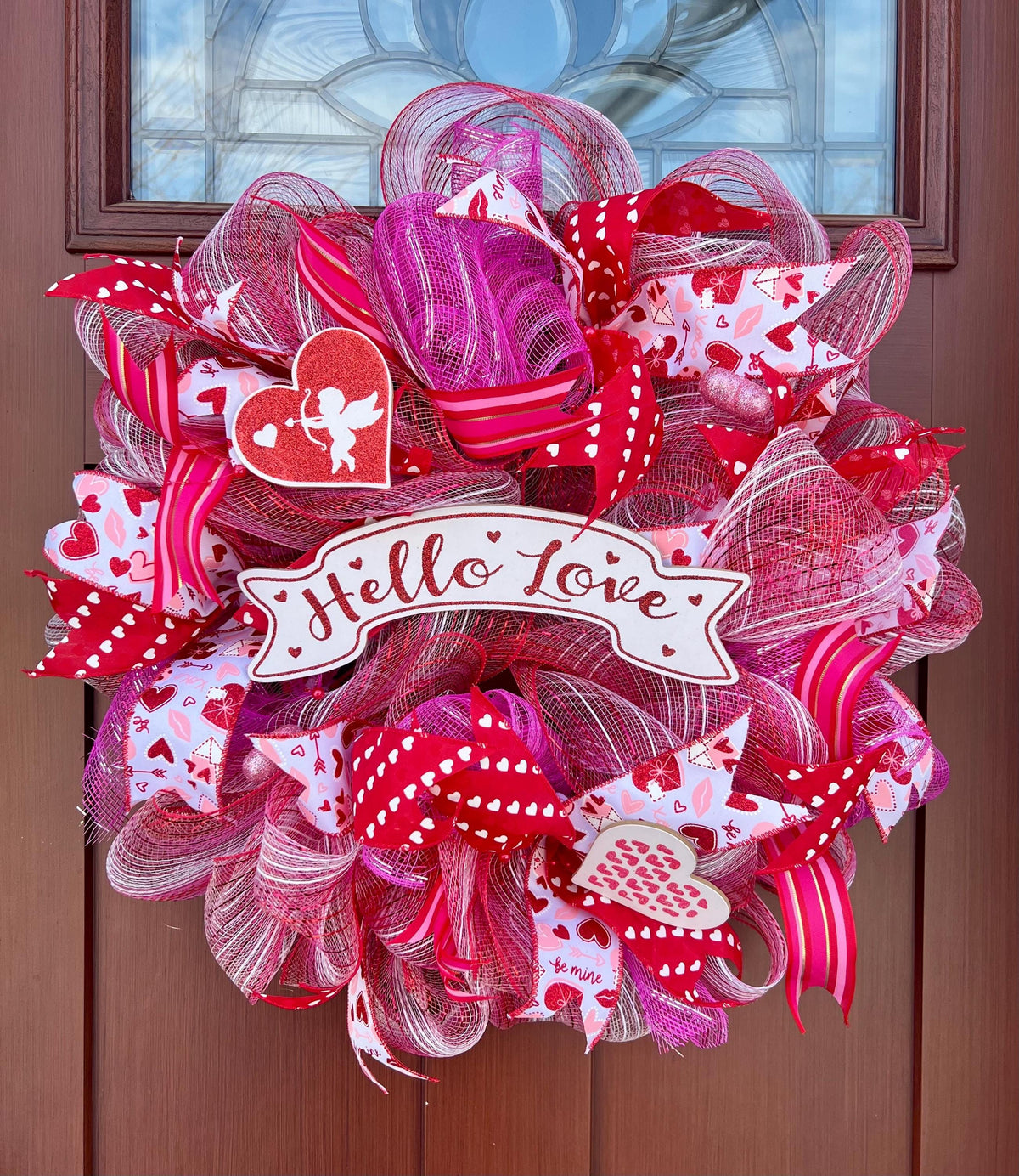 Pink Valentine’s Day Wreath for Front Door – Heart Wreath with Ribbons, Romantic Porch Decor
