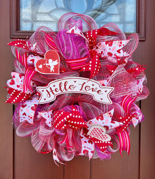 Pink Valentine’s Day Wreath for Front Door – Heart Wreath with Ribbons, Romantic Porch Decor