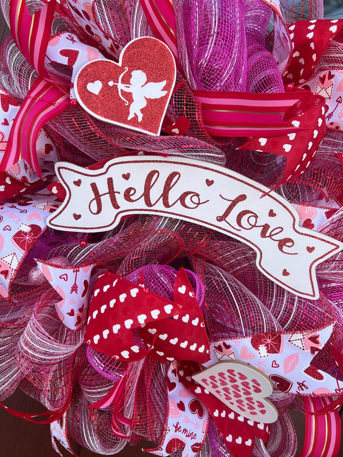 Pink Valentine’s Day Wreath for Front Door – Heart Wreath with Ribbons, Romantic Porch Decor