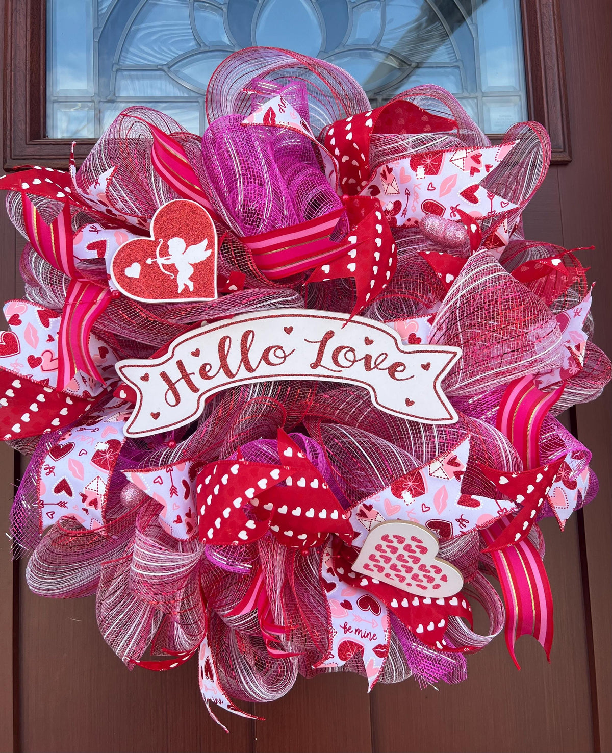 Pink Valentine’s Day Wreath for Front Door – Heart Wreath with Ribbons, Romantic Porch Decor