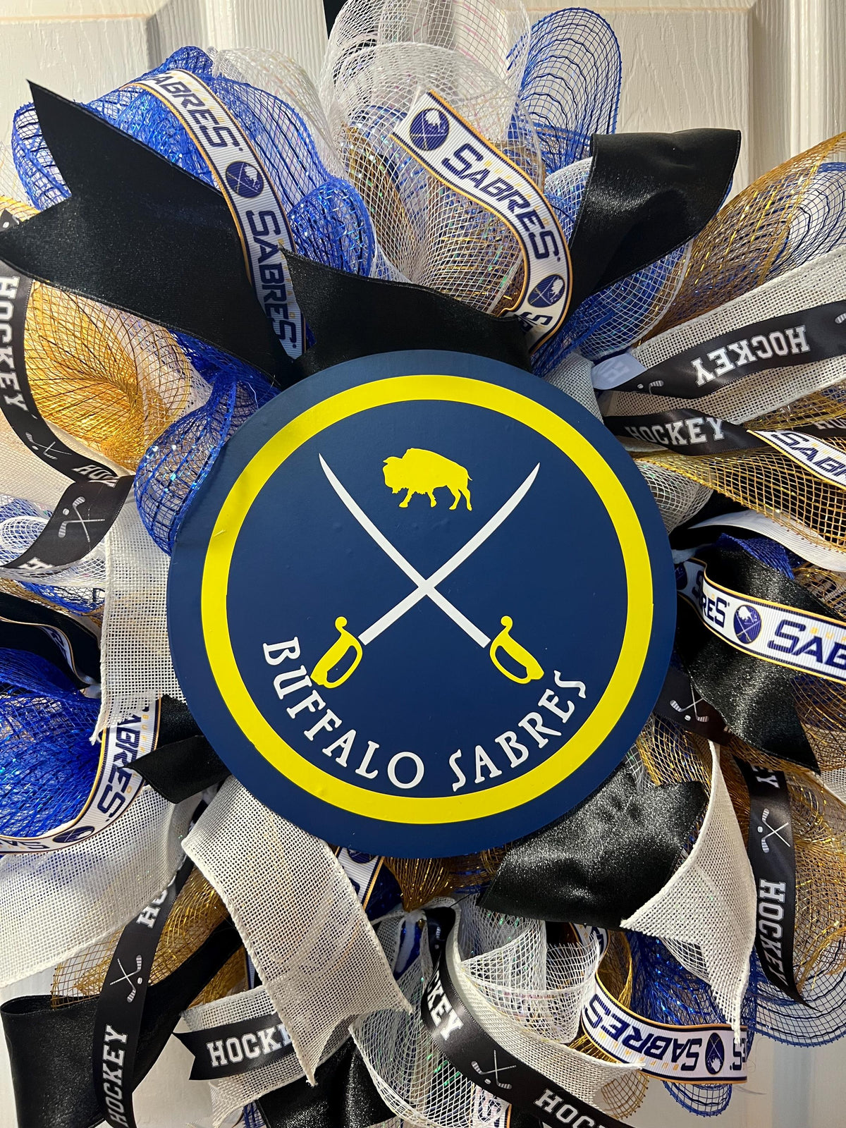 Buffalo Sabres Hockey Wreath with Blue, Gold and White.