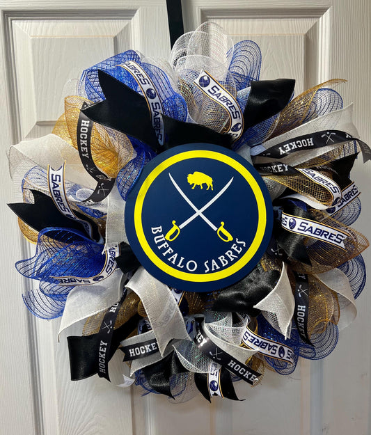 Buffalo Sabres Hockey Wreath with Blue, Gold and White.