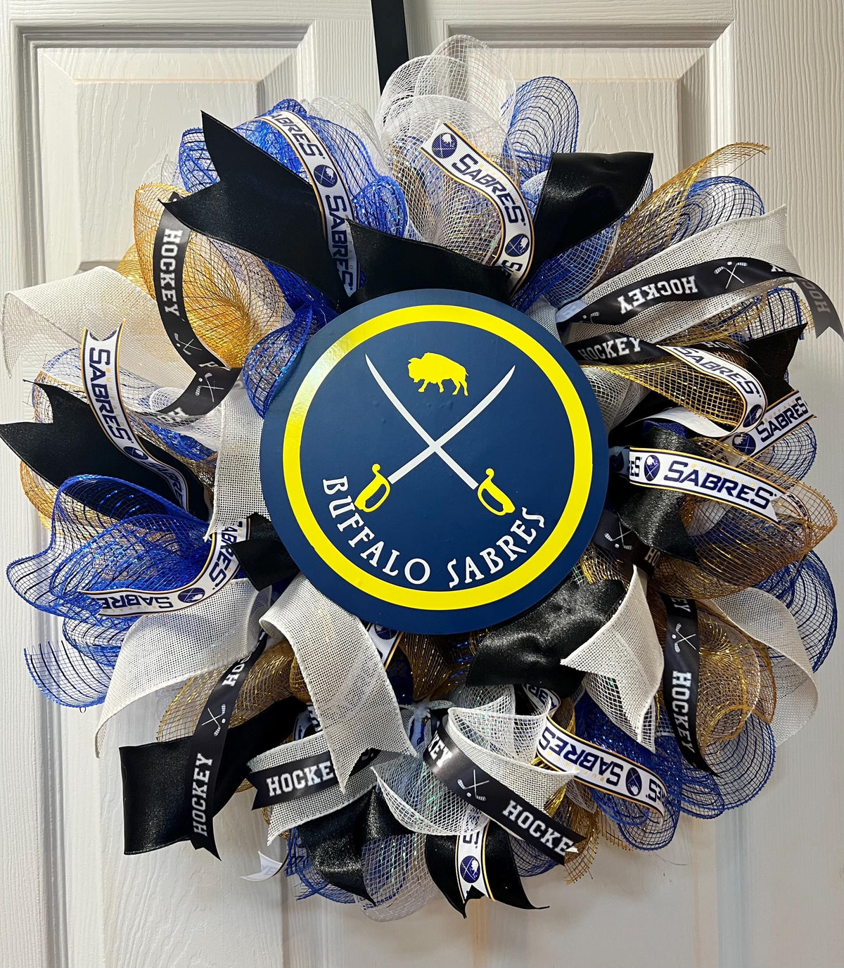 Buffalo Sabres Hockey Wreath with Blue, Gold and White.