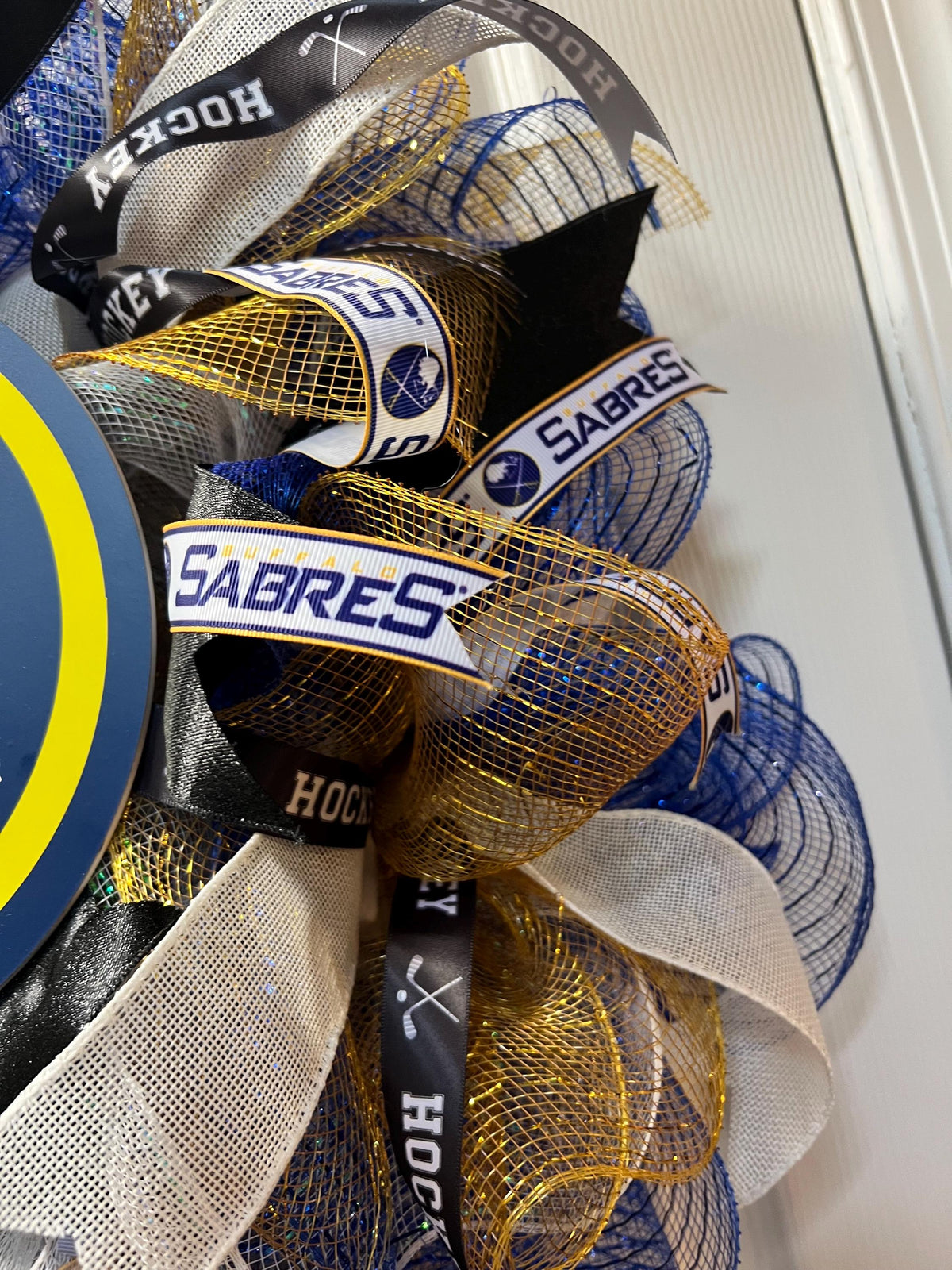 Buffalo Sabres Hockey Wreath with Blue, Gold and White.