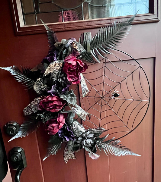 Gothic Halloween Spiderweb Wreath | Dark Red Floral Door Decor | Spooky Glam Front Door | Haunted House Porch Decoration