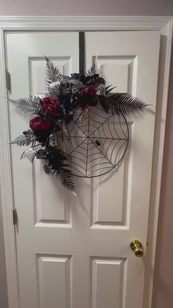 Gothic Halloween Spiderweb Wreath | Dark Red Floral Door Decor | Spooky Glam Front Door | Haunted House Porch Decoration